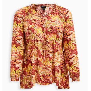 TORRID FALL ORANGE FLORAL RAYON CREPE TIE WAIST PEASANT TOP NWT